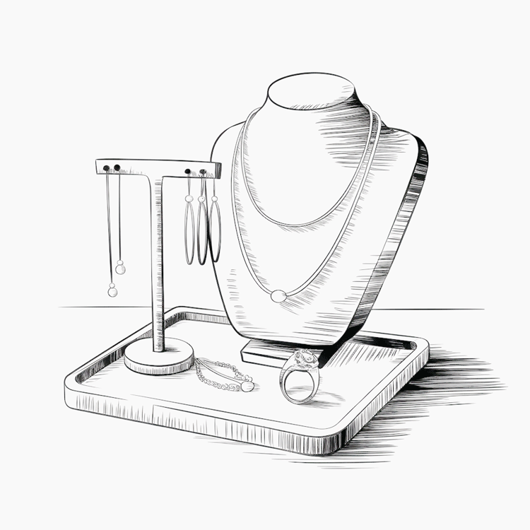 Ilustração de um expositor de joias com colares, brincos, pulseiras e anel dispostos em um suporte.
